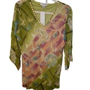 Signature L Boho Top Beaded Gem Neckline Floral Abstract Print Shirt NWT